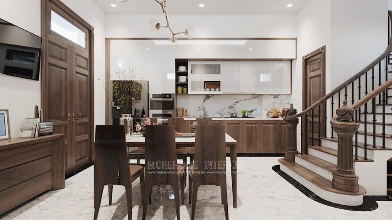 Tủ bếp dưới được thiết kế thi công và sản xuất từ chất liệu gỗ óc chó hiện đại, tinh tế mà đẹp.
